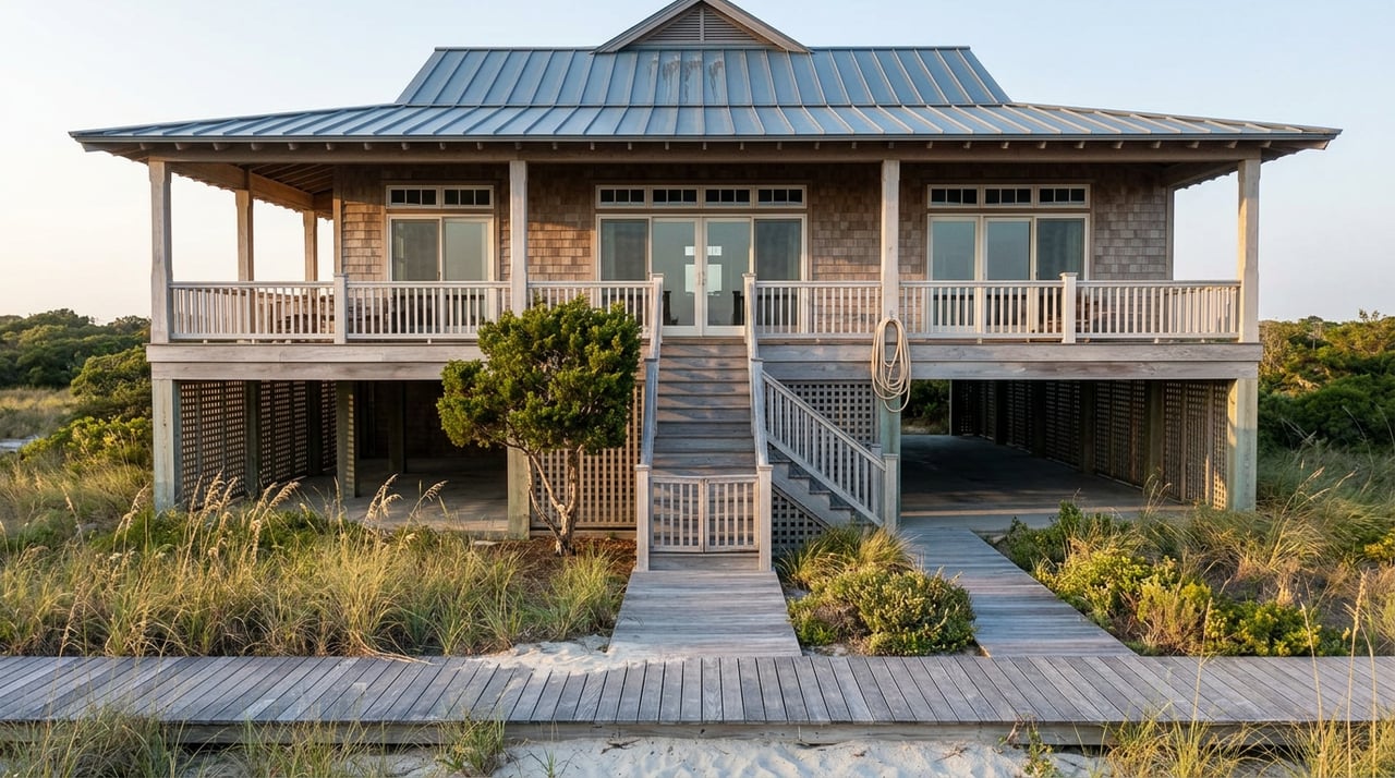 Elevated cedar-shingle coastal home on pilings, with a broad porch, staircase, and dune grasses beside a boardwalk.