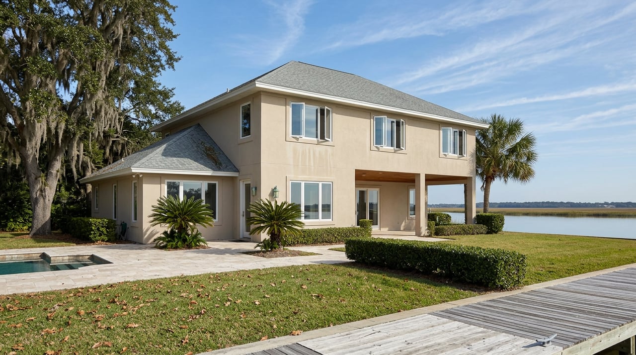 Two-story stucco waterfront home beyond a manicured lawn, with a wooden dock, lagoon, and moss-draped live oak.
