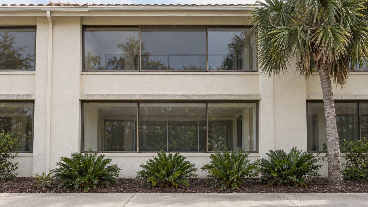 Two stacked glass-enclosed condominium sunrooms framed by ivory stucco, faded tile roofing and a silver thatch palm beside a landscaped shared walkway.
