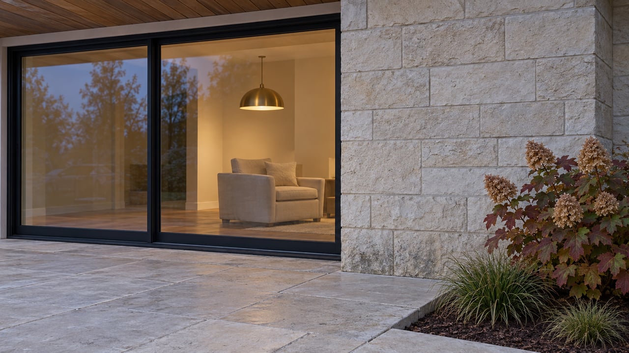 Blue-hour close view of a limestone home with black-framed glazed doors, warm interior light and oakleaf hydrangea beside a stone terrace.