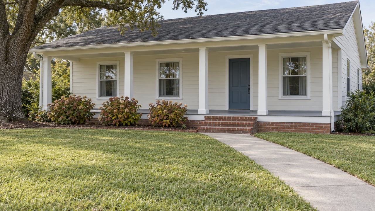 An ivory-sided single-story home with a shaded front porch, brick steps and a deep lawn beneath a spreading oak.