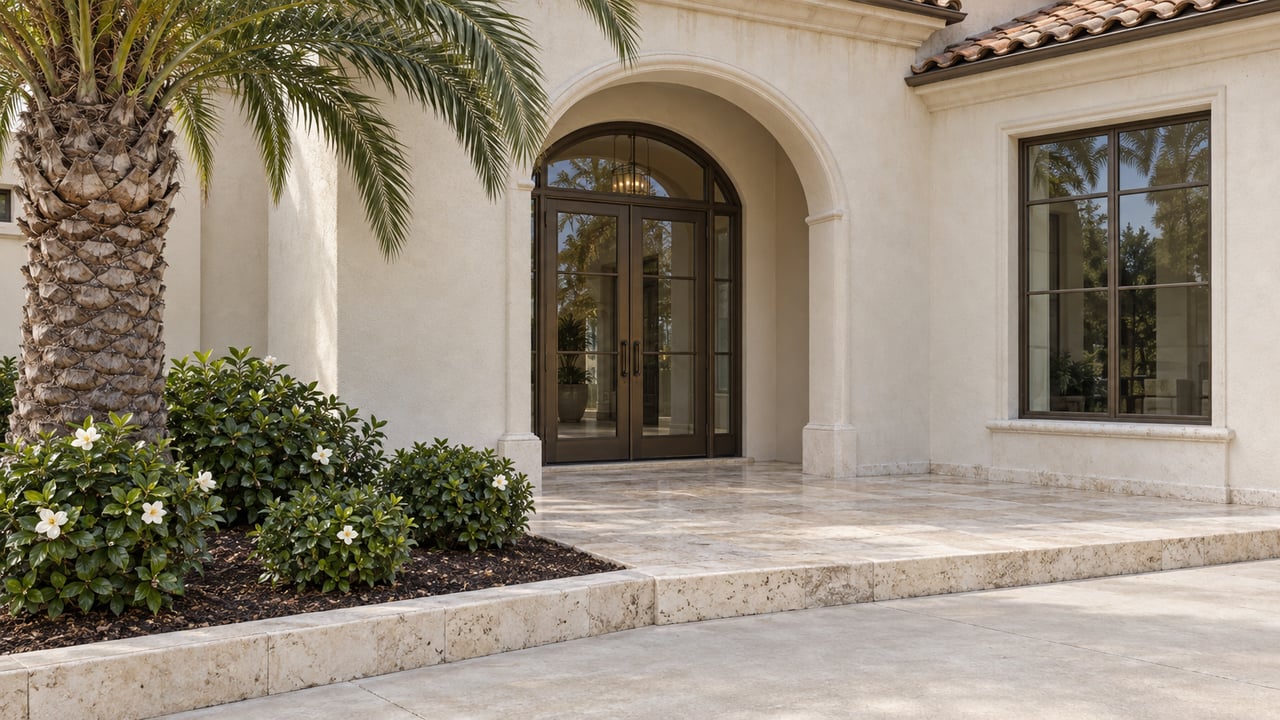 Ivory stucco residence with a clay-tile roof, arched bronze-framed glass entry, limestone terrace and a specimen palm beside gardenias.
