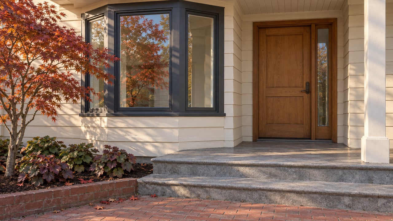 Ivory wood-sided home with a glazed bay window, recessed oak entry, stone steps and a copper-red Japanese maple.