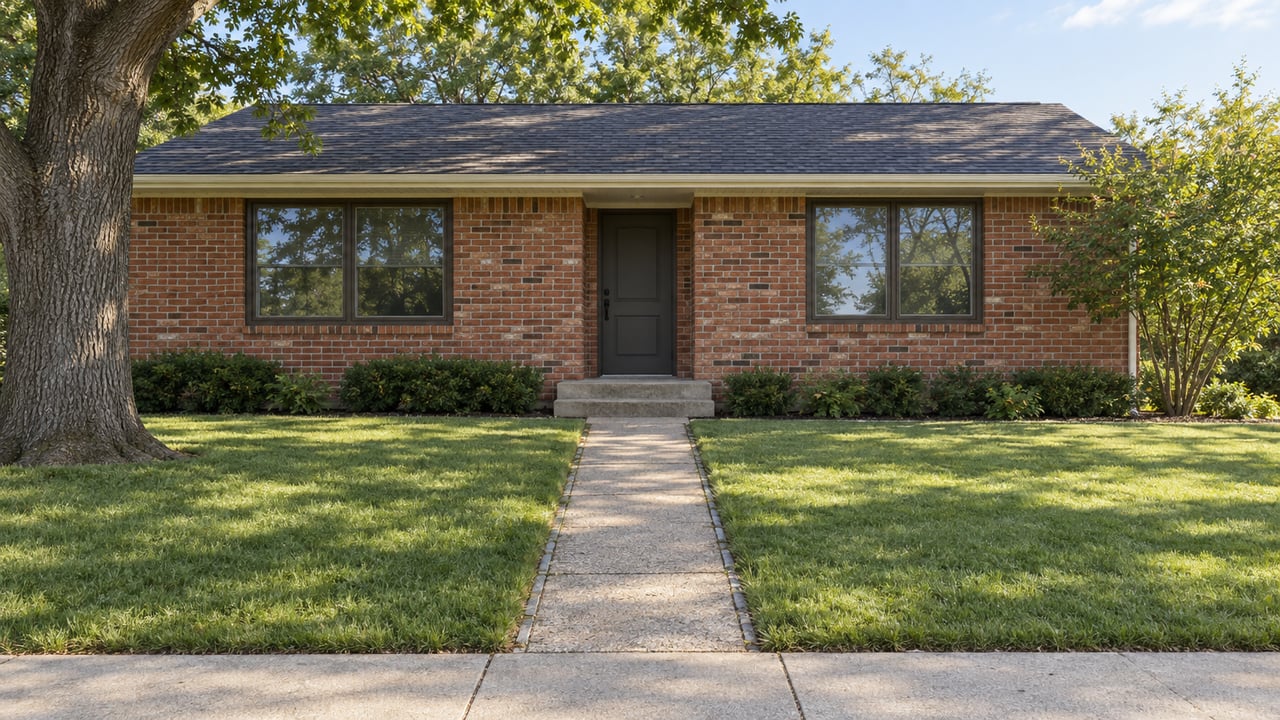 Red-brick ranch with dark-framed windows, a concrete walkway across the lawn, and an oak shading the yard.