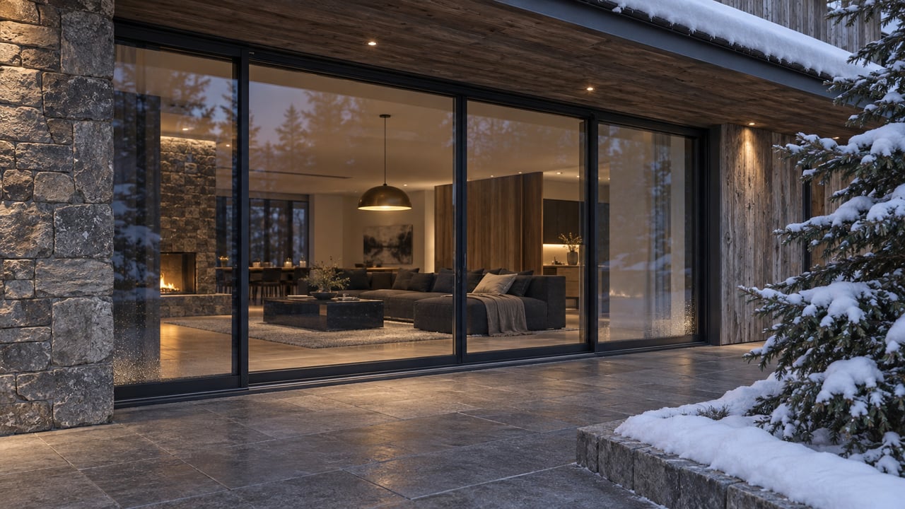 Snow-edged timber roof above a glass great-room wall, with a snowy spruce and warm pendant indoors.