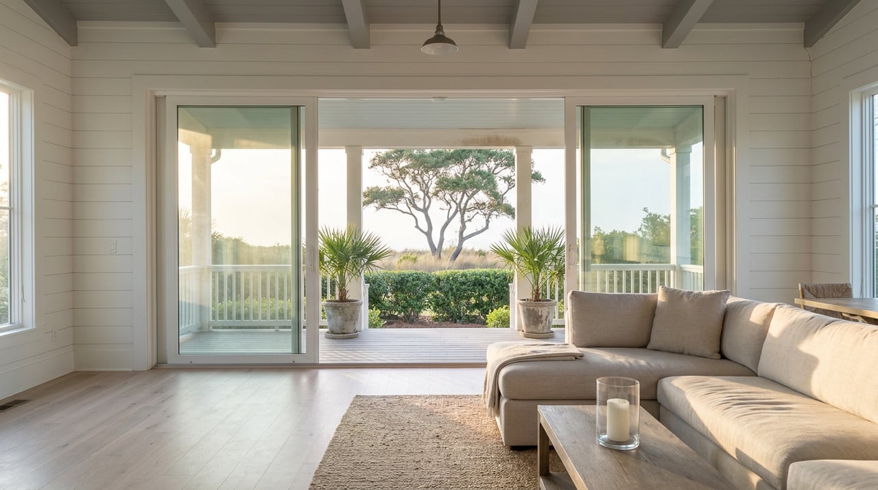 Bright great room with a pale linen sofa facing glass doors, opening onto a porch framed by palms and a broad oak.