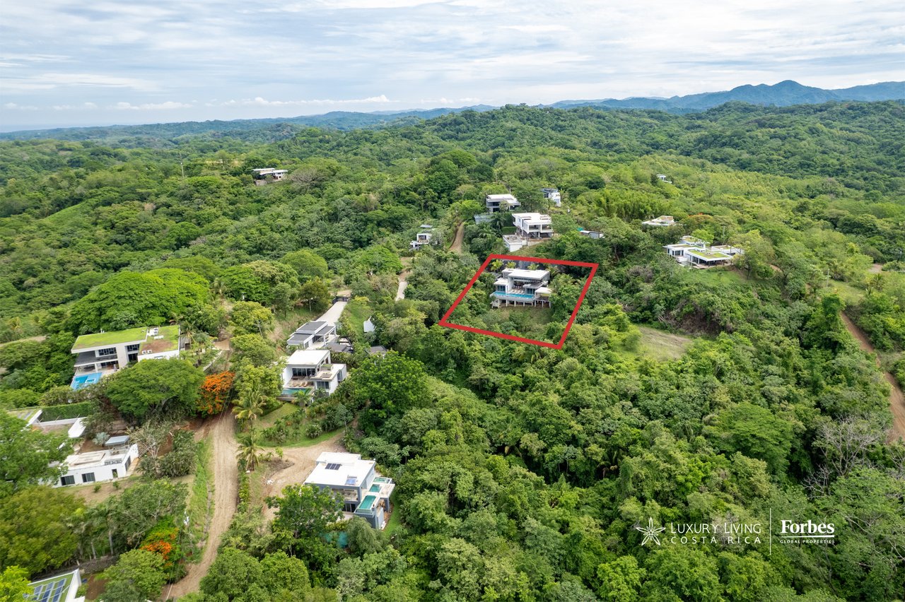 Aerial view of a modern hillside house outlined in red, with a turquoise pool and forested hills.