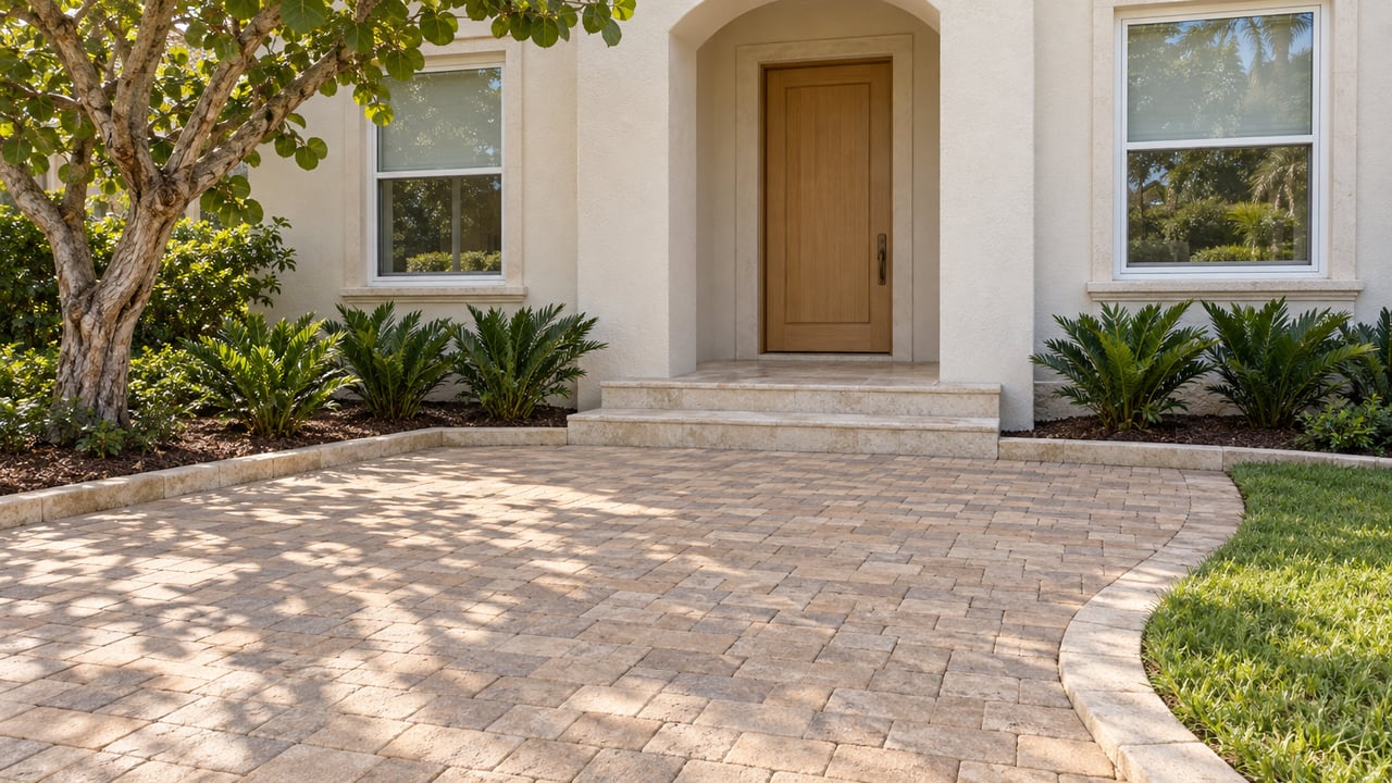 Cream stucco home with a sheltered arched entrance, paired windows, limestone steps and warm brick paving beside a sea grape tree and maintained lawn.