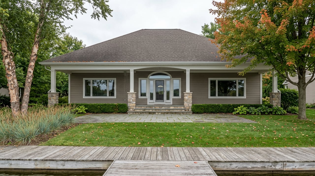 Lake home with a deep covered veranda, framed by a river birch and a maple beginning to turn red