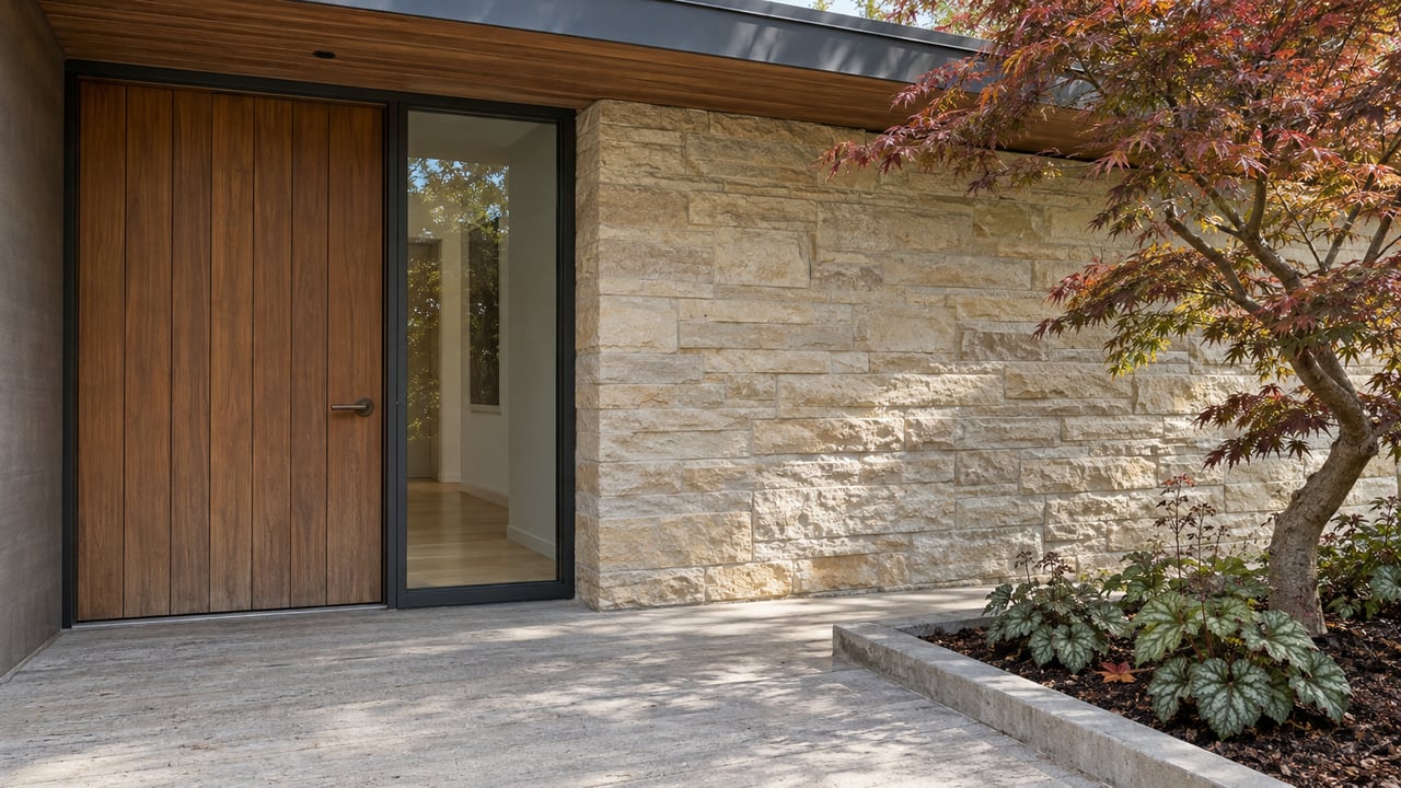 Walnut entry door and glazed sidelight beneath a cedar overhang, beside textured sandstone and a Japanese maple in a curbed planting pocket.