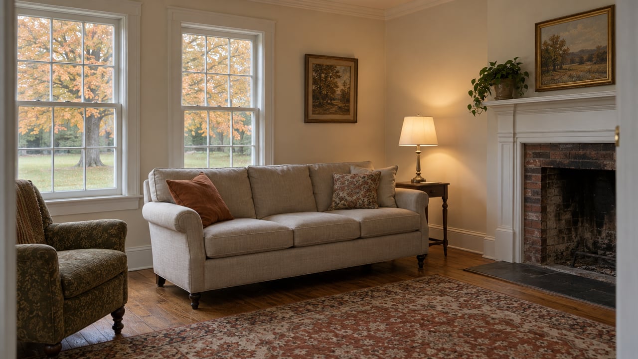 Traditional sitting room at dusk with white sash windows, a linen sofa, worn oak floors and a brick fireplace.