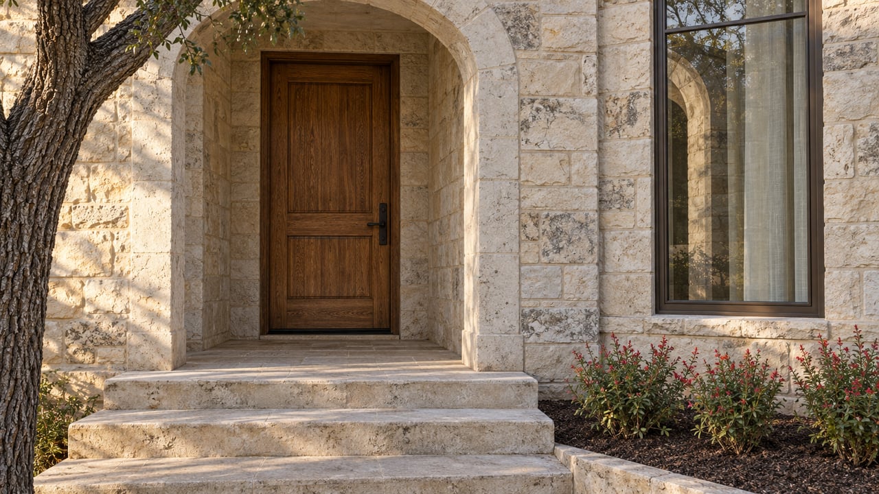 Sunlight on a cream limestone arched entry, oak front door, broad stone steps, and a mature live oak trunk.