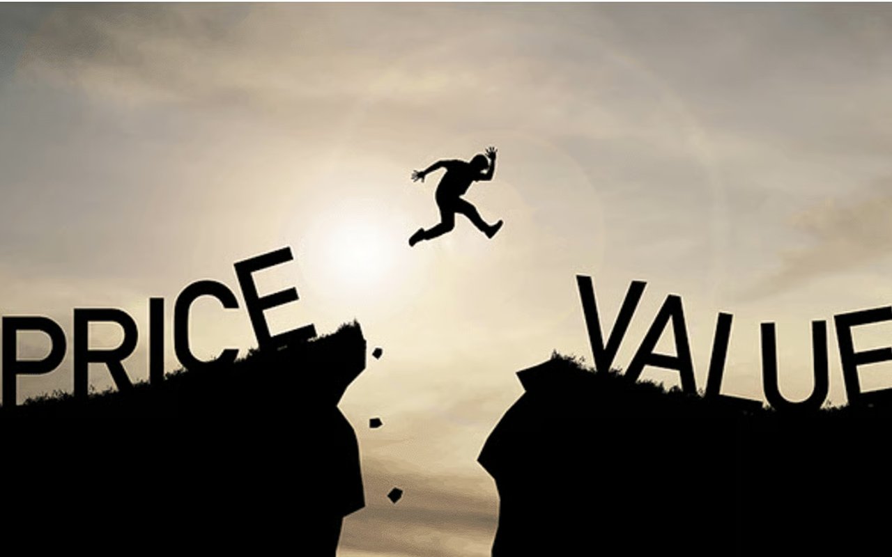 A silhouetted buyer leaps between cliffs labeled “PRICE” and “VALUE.”