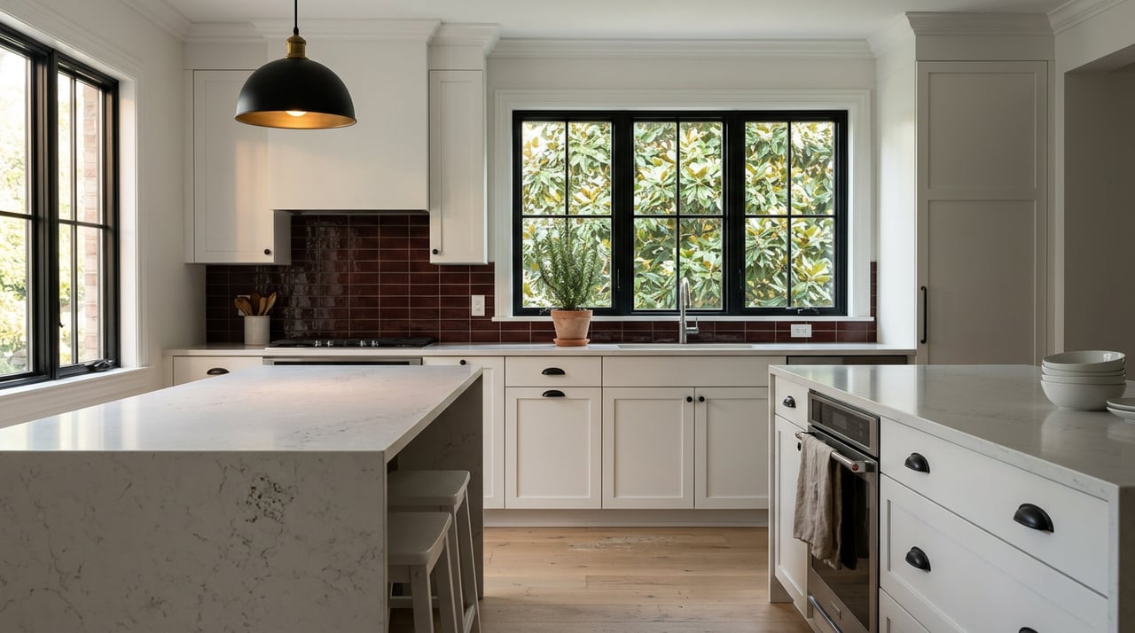 White shaker kitchen with oxblood tile backsplash, island stools, and a black-framed window overlooking magnolia leaves.