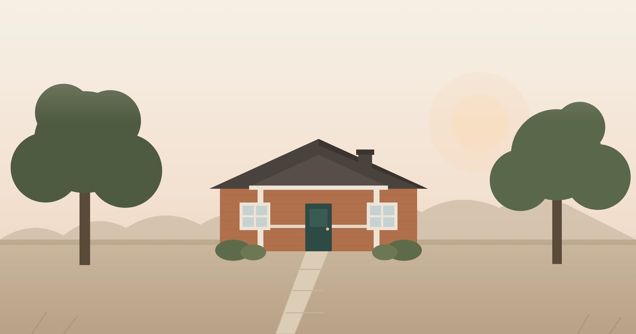 Illustration of a brick ranch home with a front porch, walkway, and two shade trees in warm late-afternoon light.