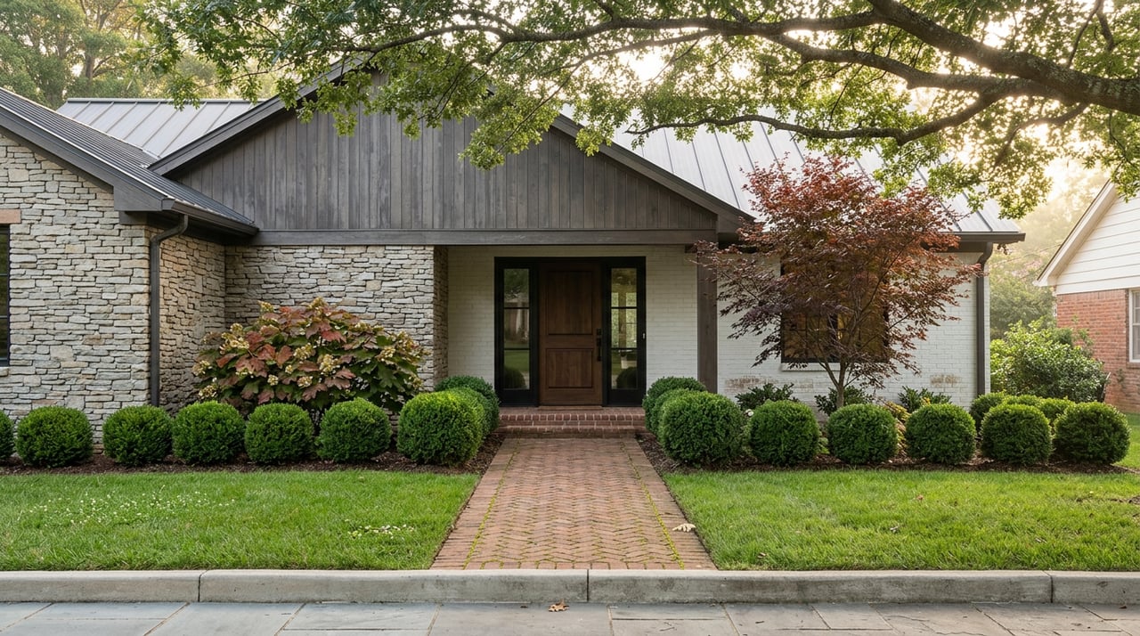 White-brick home entrance with a stone surround, walnut door, brick path, shrubs, and overhanging trees.