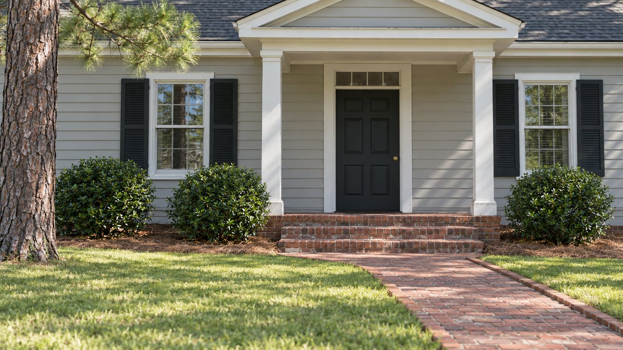 Gray clapboard home with a covered brick entry, balanced shuttered windows and a deep lawn beside a mature longleaf pine.