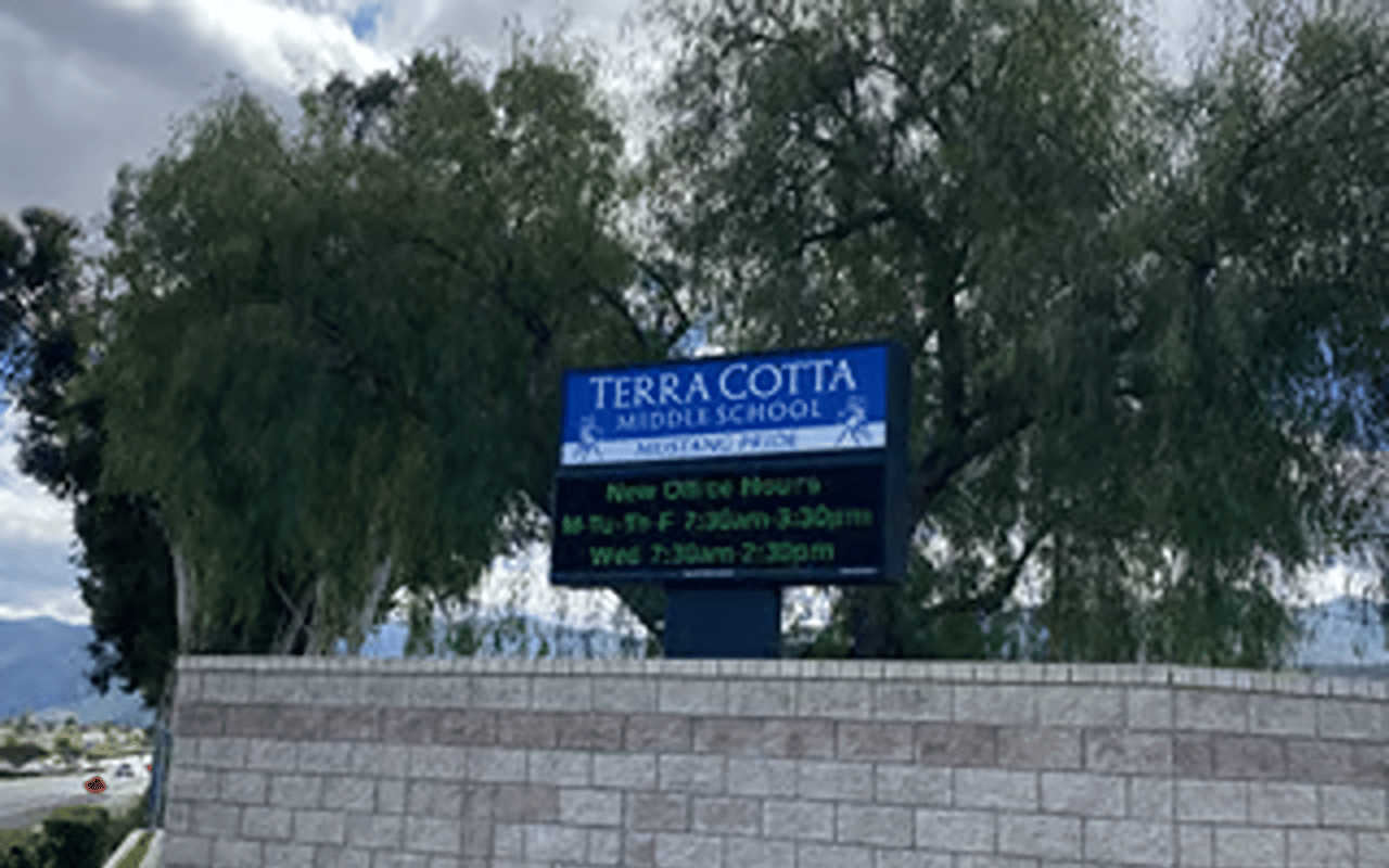 The monument sign for Terra Cotta Middle School, part of the Lake Elsinore Unified School District in Lake Elsinore, California.