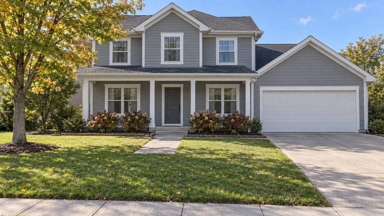 Gray gabled house with white trim, a covered porch and attached garage beyond a deep lawn, with an autumn sugar maple at the left.