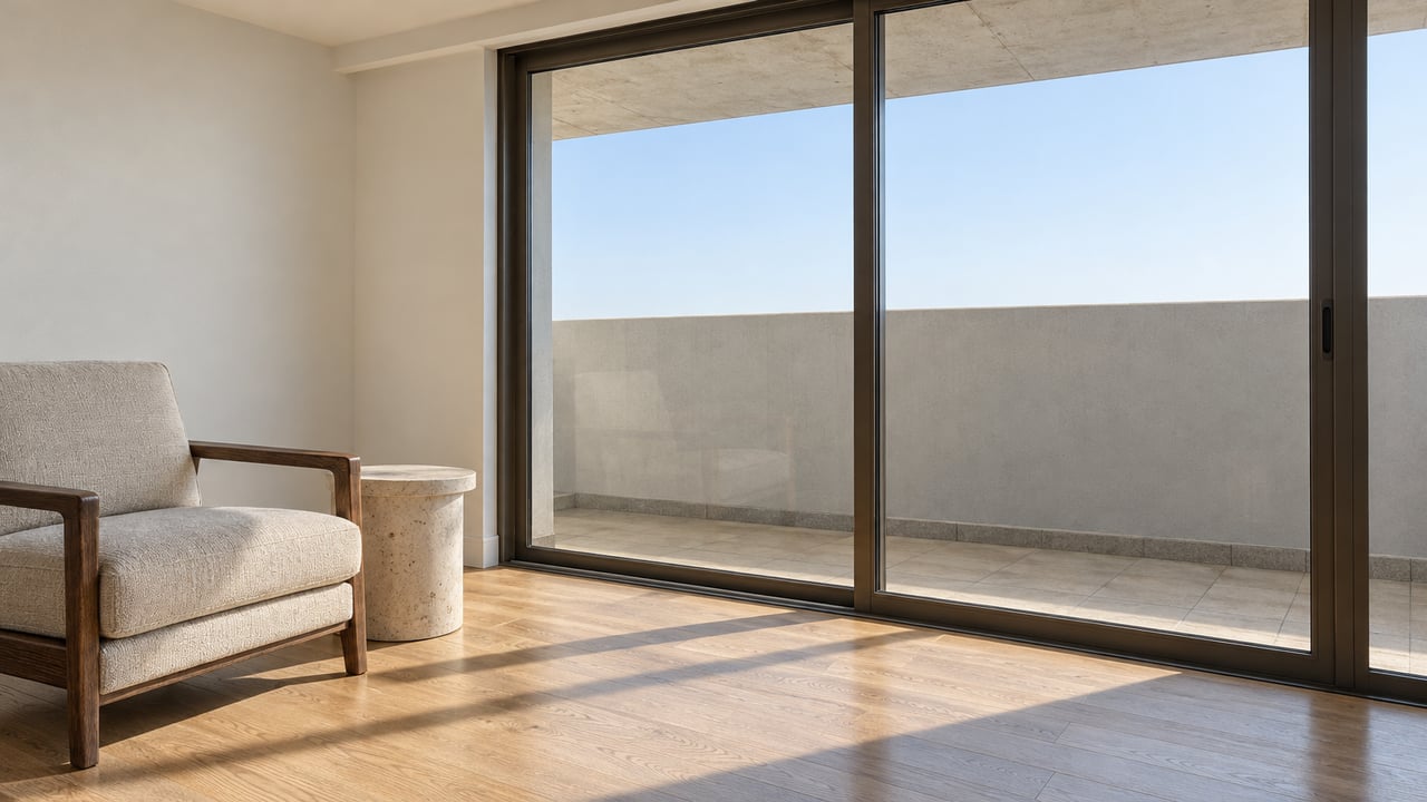 A cream linen chair and limestone table beside closed balcony doors in a bright condominium with oak floors and a concrete balcony.