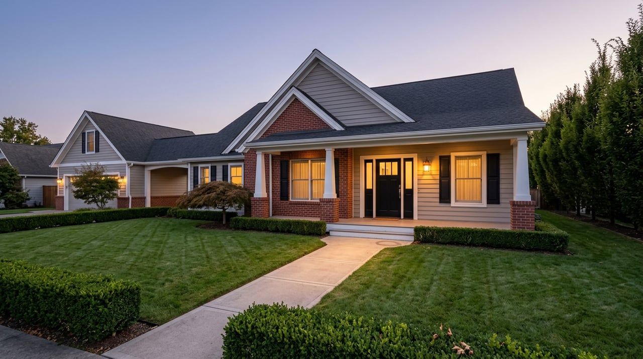 Large gray clapboard colonial with a red brick base, glowing porch sconce, and deep lawn beneath a dusk sky.