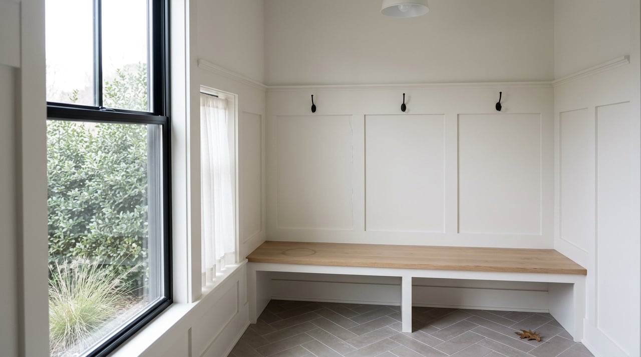 Built-in mudroom bench beneath three black hooks, beside a curtained window, with gray tile and an oak seat.