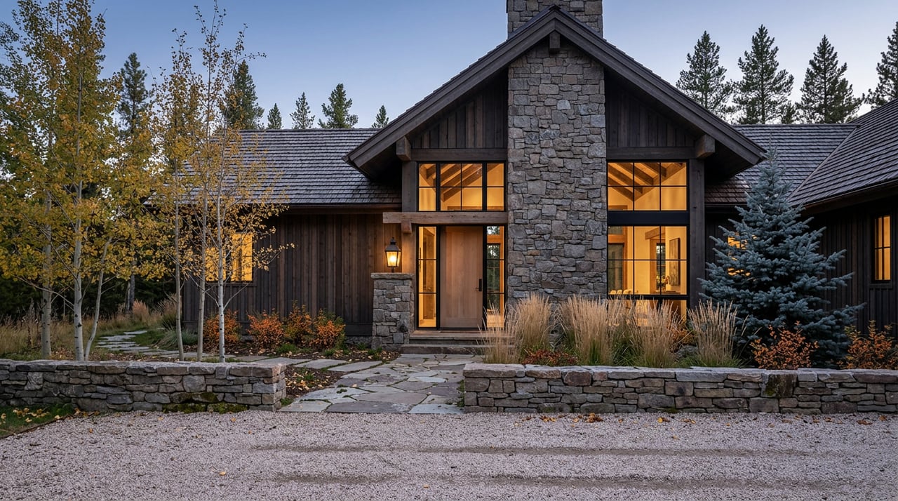 Mountain home with stone chimney, board-and-batten siding, broad glass facade, and warm lights at twilight.