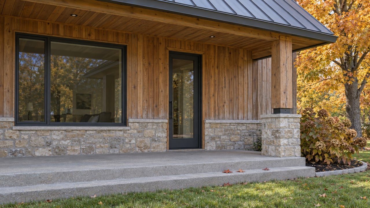 Cedar-clad home with a timber porch, limestone base, closed glass entry and amber maple leaves beside broad concrete steps.