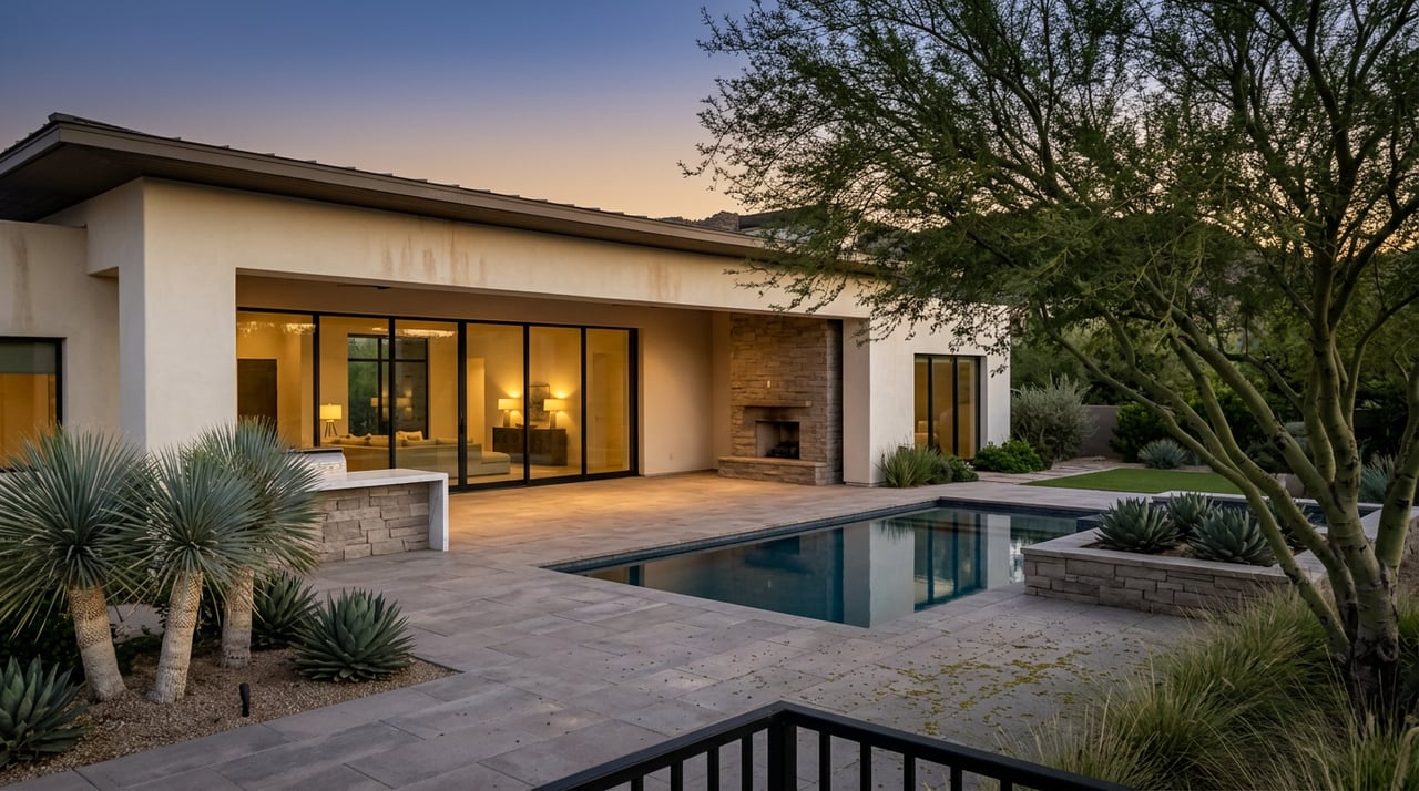 Desert-modern home overlooks a reflecting pool and paver terrace, with palo verde trees and warm light glowing through glass.