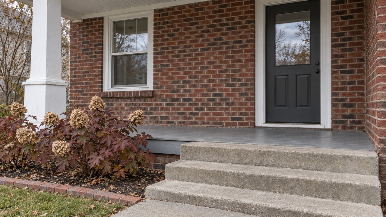 A brick home's covered porch with a charcoal glazed door, white woodwork, worn concrete steps and burgundy oakleaf hydrangea.