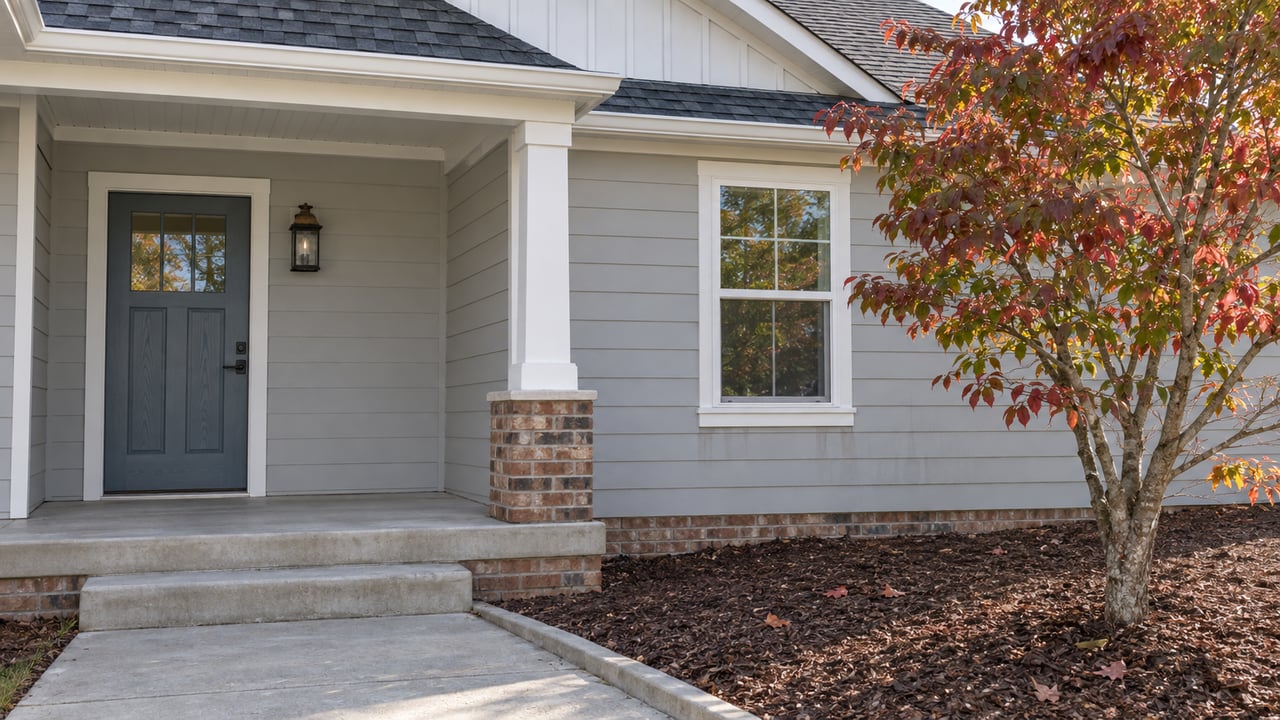 Gray craftsman-style entry with a blue-gray door, brick porch foundation and a dogwood showing early autumn color beside the concrete walk.
