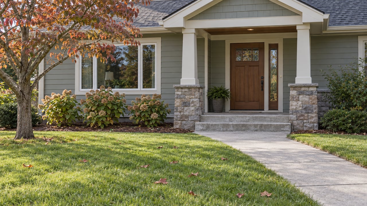 Gray-green gabled home with a stone-base porch, broad front lawn and autumn dogwood beside a diagonal concrete walk.