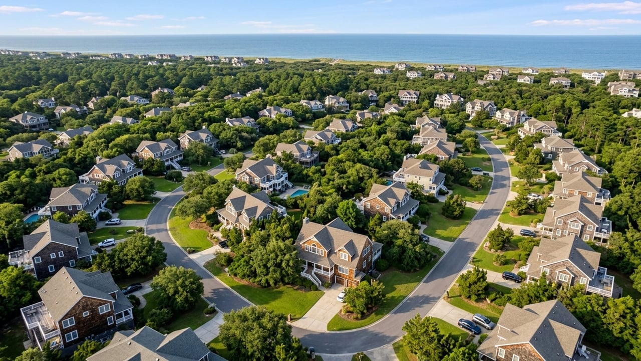 Aerial coastal neighborhood of homes and winding streets, with the ocean on the horizon.