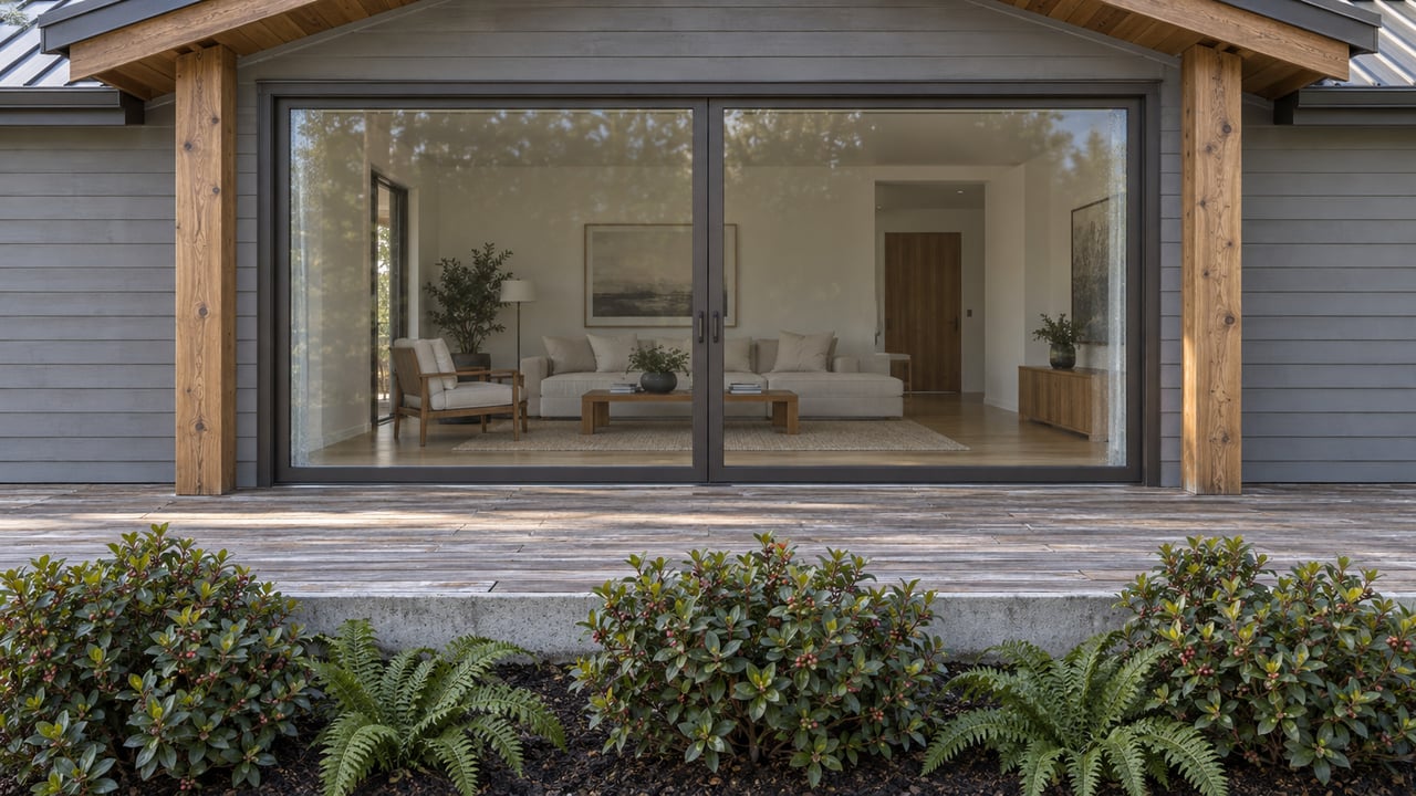 Shore-side home's glazed living-room bay, cedar posts, silvered timber terrace, and ferns beside a concrete step.