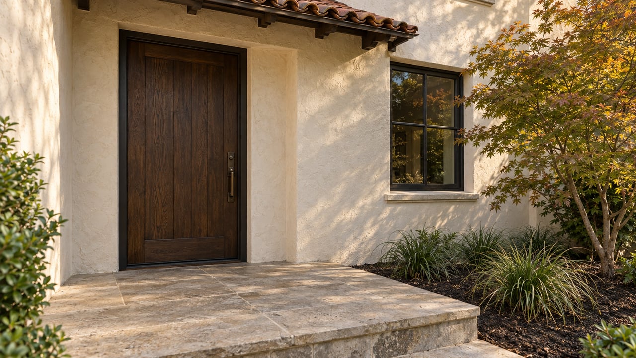 Cream stucco entrance with a dark oak door, black-framed window, weathered clay-tile eave and limestone landing beside a Japanese maple.