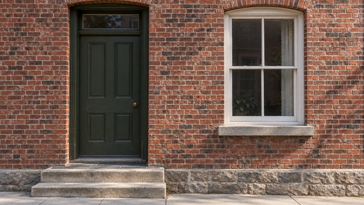 A maintained red-brick home entrance with an olive timber door, white sash window, and worn limestone steps.