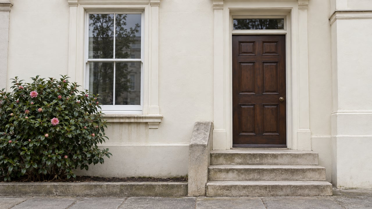 Attached townhouse facade with a closed walnut door, white sash window, stone stoop, and camellia below the sill.