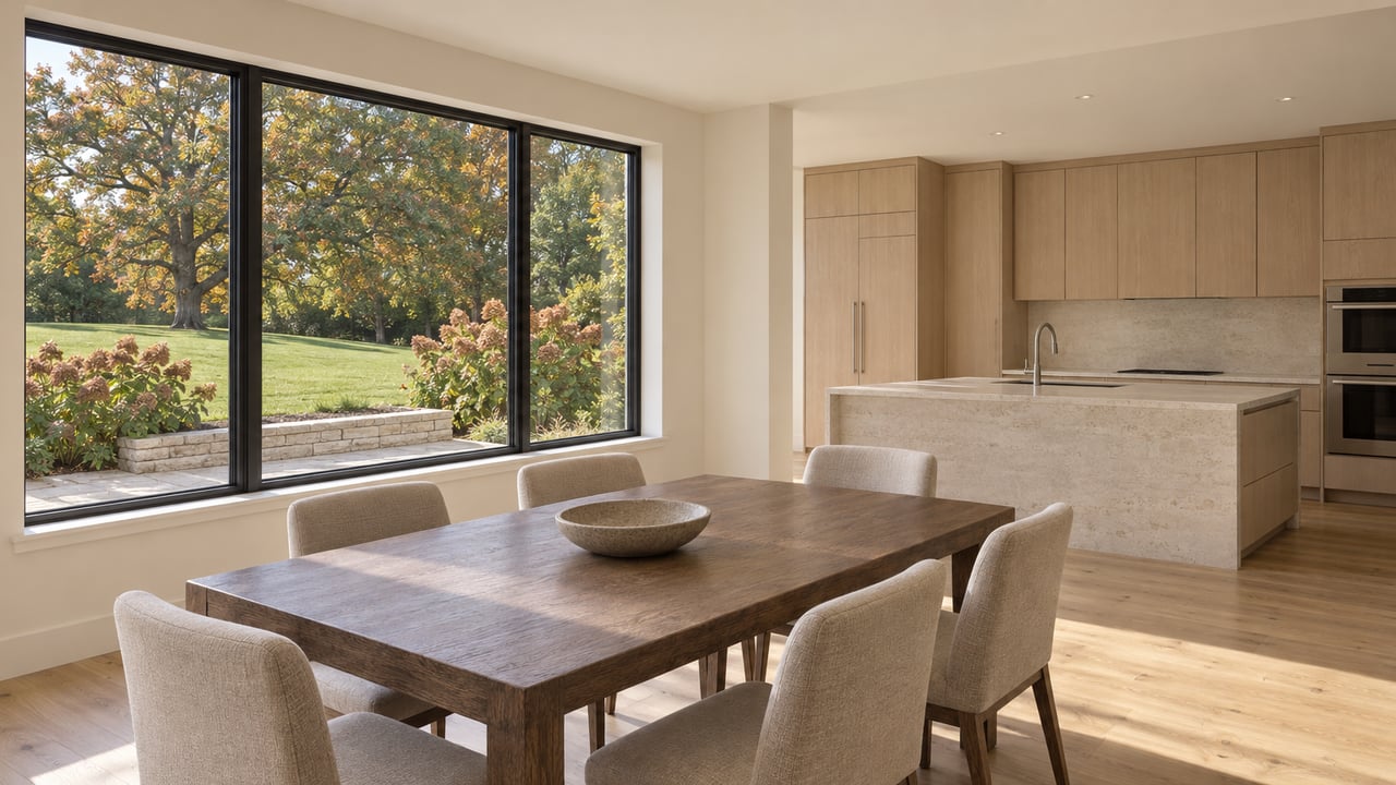 Sunlit dining room with smoked oak table, upholstered chairs and a pale oak kitchen overlooking an autumn lawn.