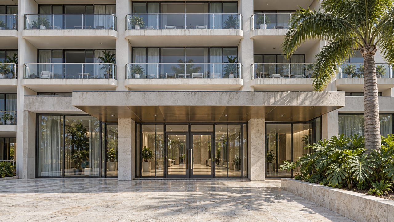 Low-angle view of a condominium entrance with pale concrete balconies, glass doors, limestone paving and one royal palm.