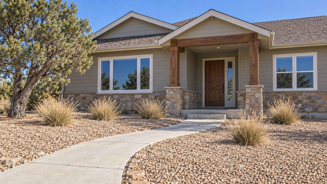 Daylit single-story gabled home with wood porch posts, stone accents, a curving front walk, and a pinyon pine.