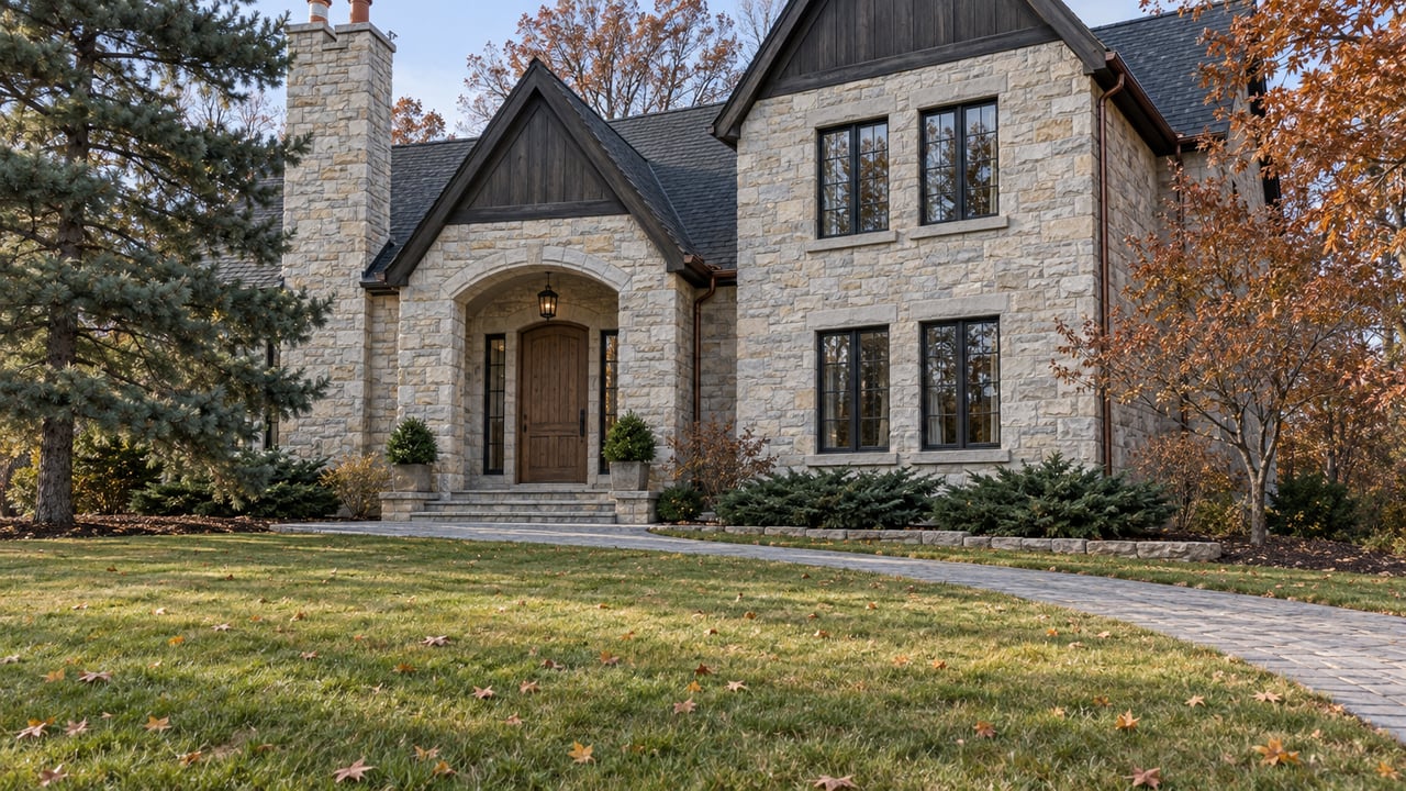 Pale stone home with an arched oak entry, charcoal gables, and a curving granite walk across an autumn lawn.
