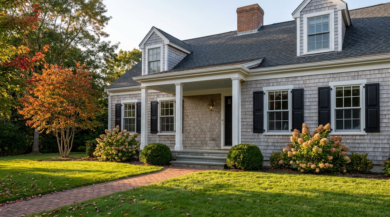 Two-story gray shingle home with white porch, brick walkway, and early-autumn flowers and leaves.