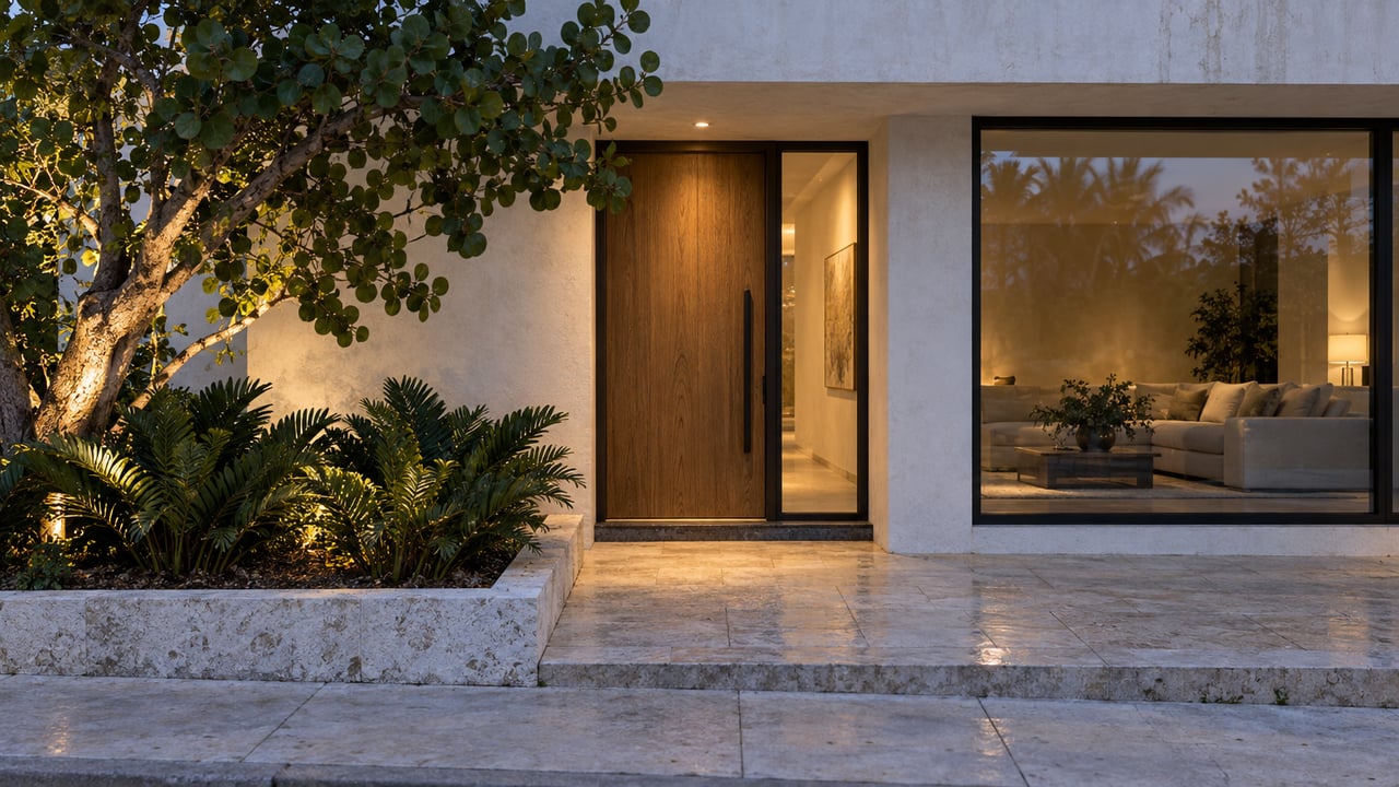 Coastal townhouse entry with a recessed oak door, glowing windows, and a tree and cycads in a raised bed.