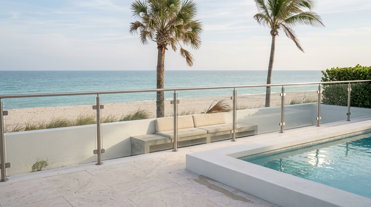 Raised pool terrace overlooking a glass-railed sundeck, pale beach, turquoise water, and two wind-tossed palms.