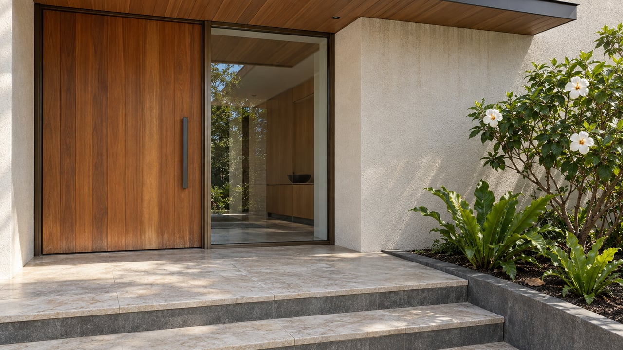 Sunlit hardwood entry and bronze-framed glass beneath a deep timber overhang, with limestone steps and white-flowering hibiscus in a basalt-bordered bed.