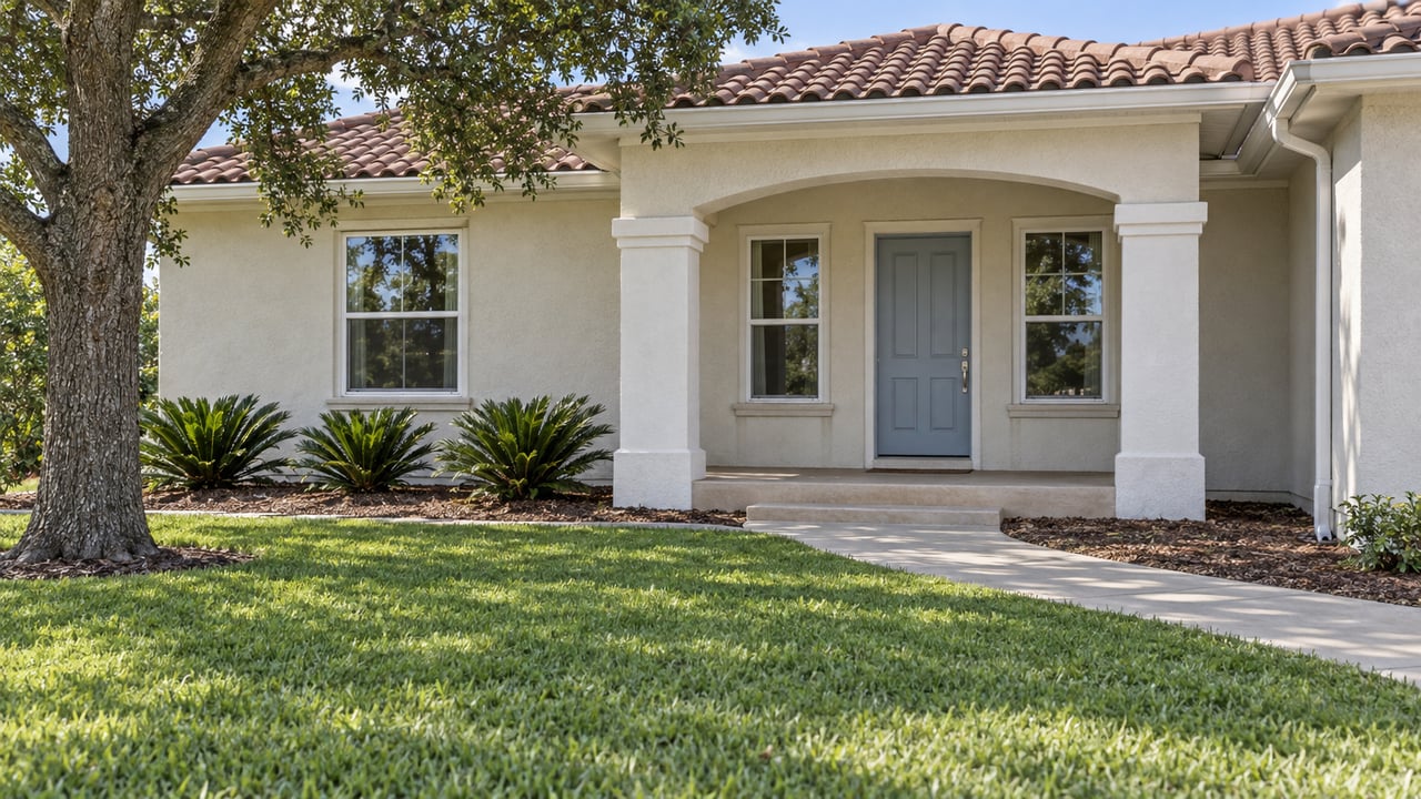Cream stucco home with a shaded arched porch, pale-blue door, terracotta-toned roof and broad green front lawn.