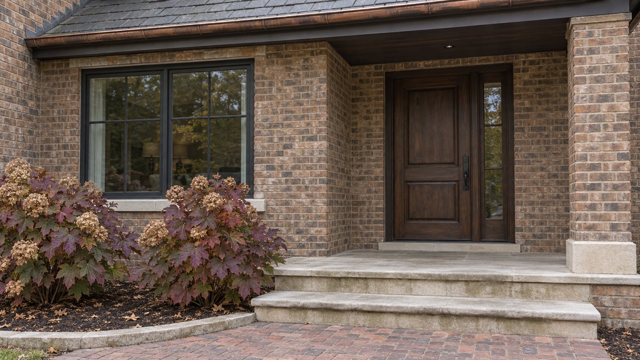An established brick home's recessed oak entry, limestone steps and autumn oakleaf hydrangeas in soft daylight.
