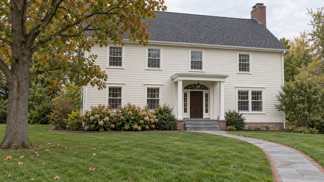 Ivory clapboard home with divided-light windows, a sheltered front door and a bluestone walk across a deep lawn beneath a mature oak.