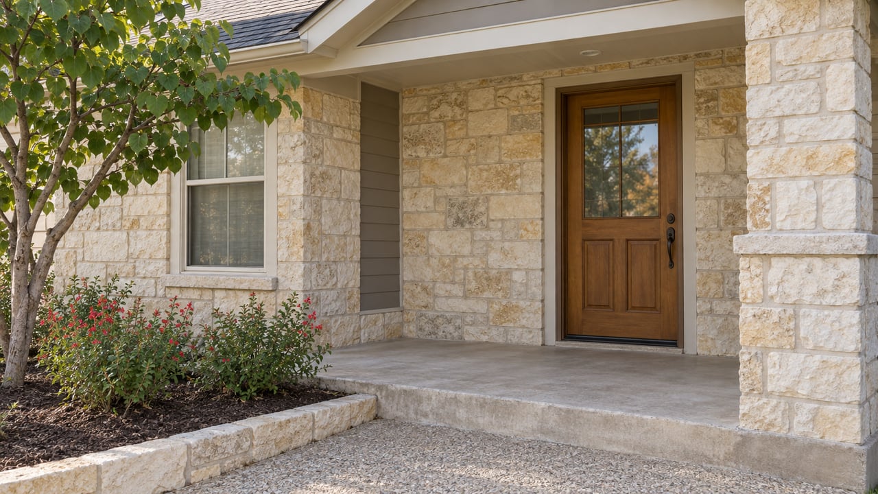 Limestone home entry with a honey-colored wood door, covered concrete porch and a redbud beside a bordered planting bed.