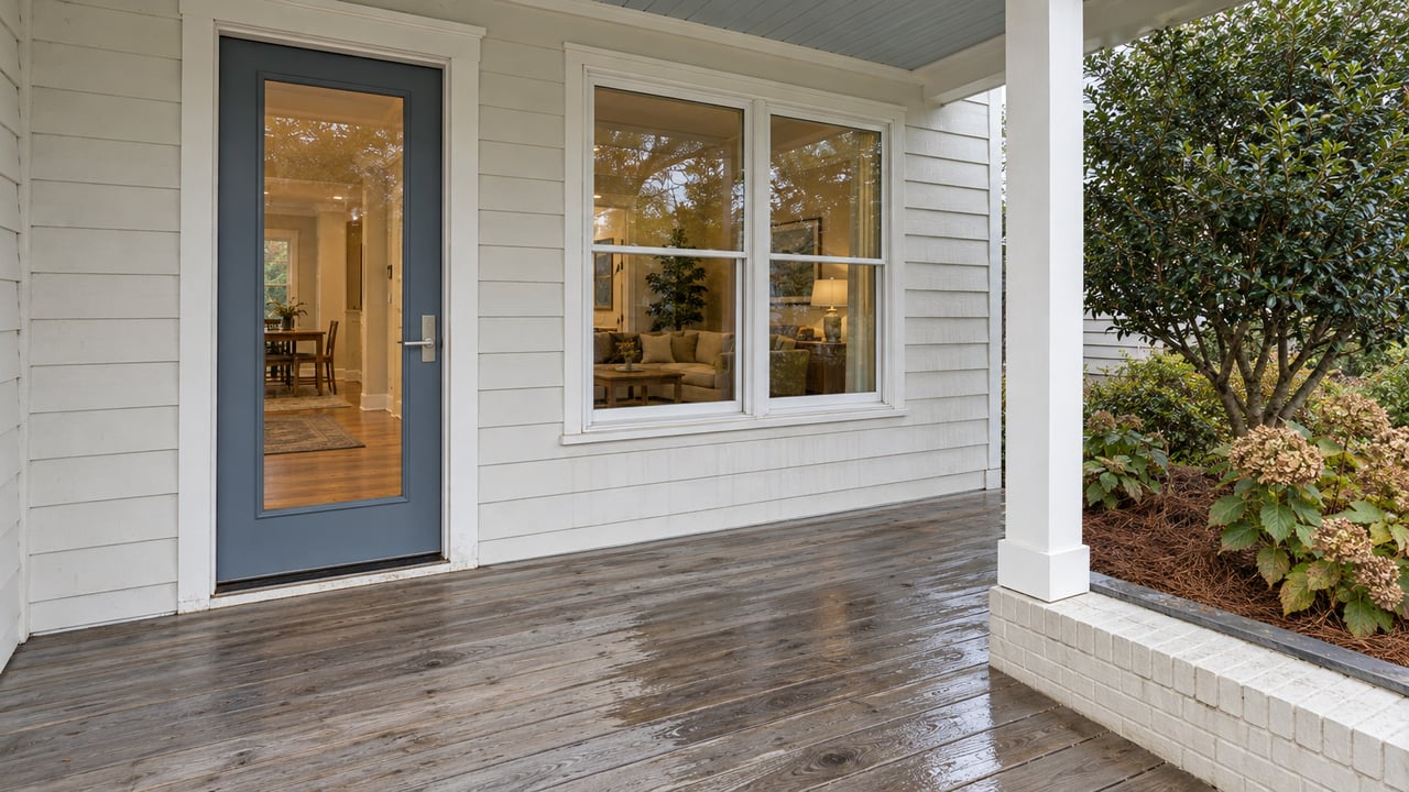 A blue-gray glazed front door and broad window open onto a weathered cedar porch beside oakleaf hydrangeas and a sculptural yaupon holly.